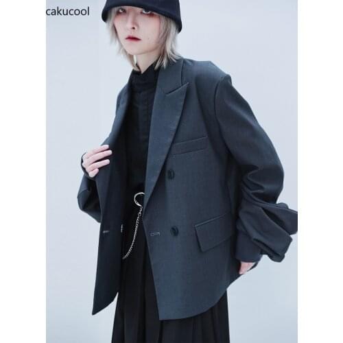Cakucool 2021 New Grey Suit Coat Womens Autumn And Winter Designer Loose Lantern Sleeve Workplace Casual Coat