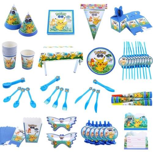 17pcs Pokemon Pikachu Family Party Birthday Decoration Toy Set Cartoon Anime Plate Knife And Fork Kids Birthday Decoration