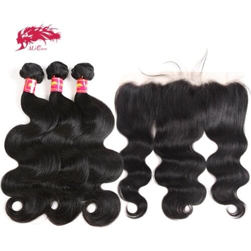 3/4Pcs Brazilian Body Wave Human Hair Bundles With 13x4 HD Transparent Lace Frontal Closure Ali Queen Remy Hair Weft