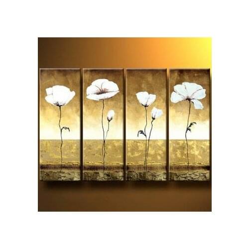 4 Pieces Hand Painted Oil Painting White Poppies I-Modern Oil Paintintg On Canvas Art Wall Decor-Floral Oil Painting Wall Art