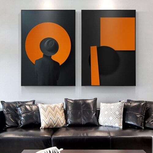 Abstract Black Orange Clip Art Canvas Painting Posters Print Man with Black Hat Wall Art Pictures For Living Room Bedroom Aisle