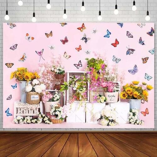 Avezano Spring Backdrop Birthday Baby Shower Sunflowers Butterfly Pink Girl Photography Background Photo Studio Photophone Decor