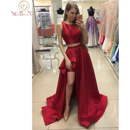 Burgundy Two Pieces High Low Prom Dress 2020 Satin A Line Scoop Sleeveless vestidos Celebrity Evening Party Formal Gown Custom