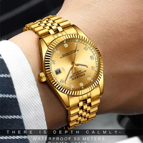 FNGEEN Couple Watch Rhinestone Luminous Steel Waterproof Business Quartz Calendar Watch Golds Watch