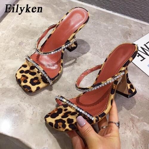 Eilyken 2021 Sexy Leopard grain Summer Mules Slippers Women Fashion Sandals Open Toe Diamond Crystal High Heels Spike Heel Shoes