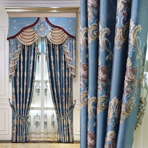 European Luxury Blackout Gold windows treatment curtains for living room bedroom flower tulle valance