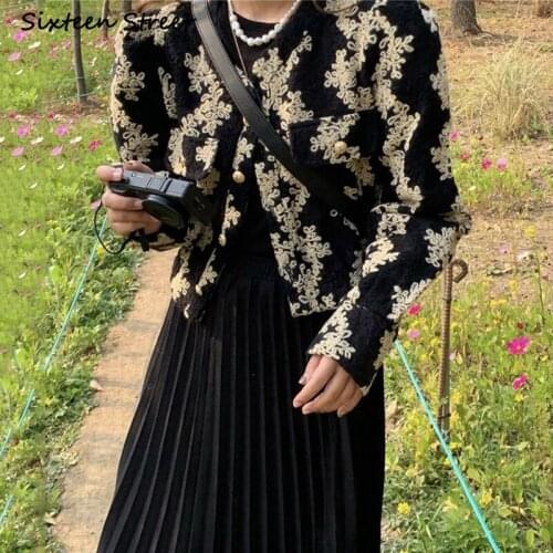 Jackets for Women Autumn Winter Vintage Chic O Neck Puff Sleeve Short Coat High Waist Pleated Skirt Korean Fashion Dropshipping