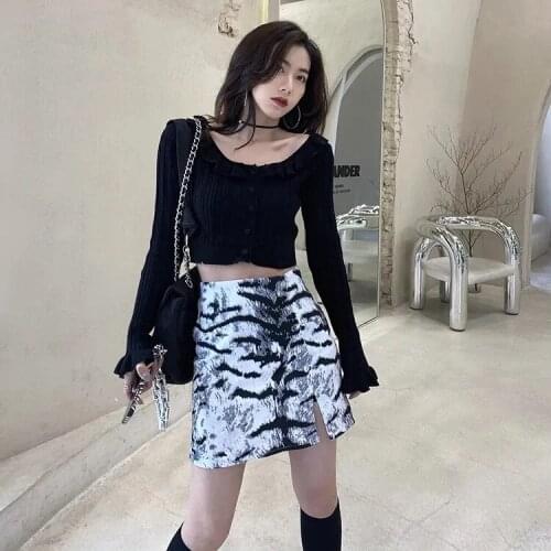 Lady High Waist Split Crop Skirts Lovely Korean Fashion Girl Mini Skirt Tiger Skin Print Y2k Gothic Harajuku A-line Zipper Cloth