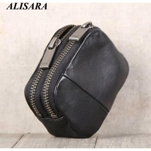 Alisara Double Zipper Coin Purses Genuine Leather Mini Coin Pouch 100% Cowhide Men Women Small Wallets Card Holder Bag Black