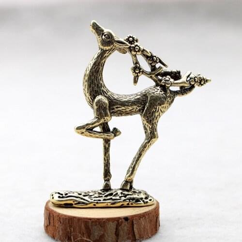 Antique Solid Brass Sika deer Miniature Figurines Retro Copper Animal Tea Pet Desktop Ornament Decor Crafts Keychain Pendants