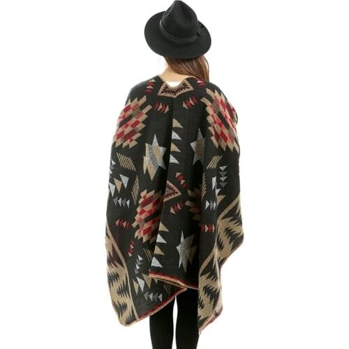 Fashion Us Big Women Poncho Geometric Rhombic Imitation Female Cashmere Shawl Capes Open Stitch Poncho