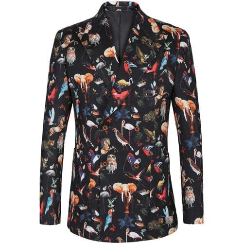Men Blazer Slim Fashion Suit Jacket Business Party Prom Animal World Print Double Breasted 6 Buttons Stage Costume Singer Host