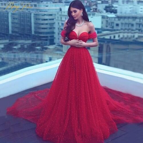 Charming Pearls Red Evening Dresses 2020 Long Off Shoulder Evening Gowns Lace-Up Elegant Formal Evening Dress Cheap Prom Dress