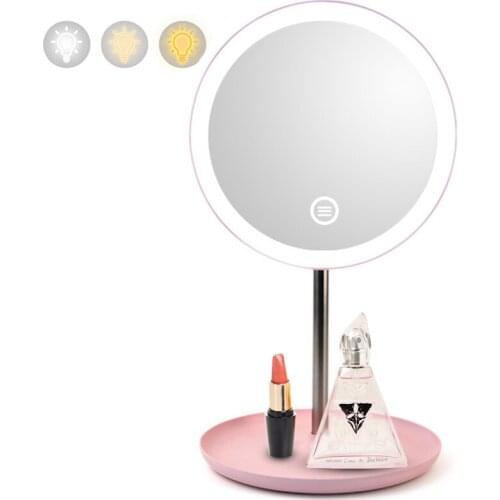 LED Make up Backlit Mirror 3 Colors Light Table Vanity Mirror Desktop Tabletop Makeup Cosmetic LED Miroir With Storage Base