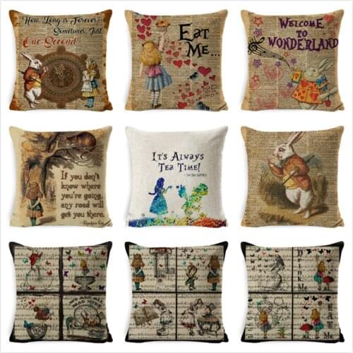 Vintage Cushion Cover Illustration Cushion Rabbit Praiser in Newspaper Alice in Wonderland Retro Home Decorative Pillow Cover