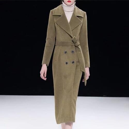 Women Long Woolen Blends Winter Jacket Coats Korean Loose Double Breasted Sashes Temperament Outerwear Female