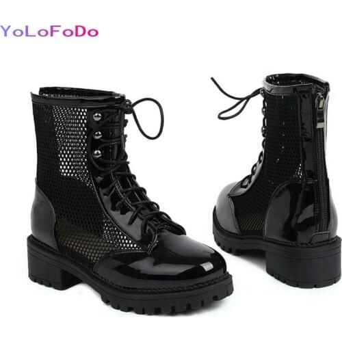 Black PU Leather Women Summer Mesh Boots Platform Square Heel Ankle Boots Fashion Zipper Round Toe Women Short Boots Big Size 43