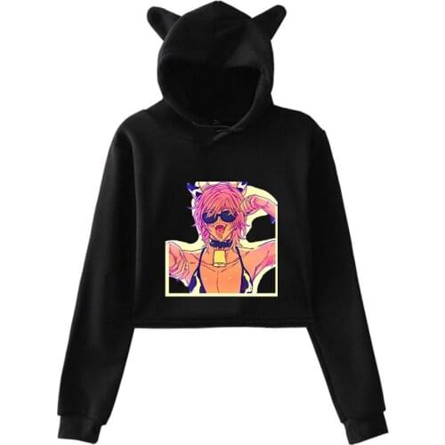 Yarichin B Club printing Cat Cropped Hoodies Women Fashion Long Sleeve Cool Hooded Pullover Crop Top Korean Kpop Cartoon leisure