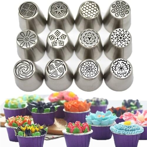 12pcs/set Stainless Steel Russian Nozzles Icing Piping Tips DIY Pastry Fondant Cupcake Decorating Tool Cake Bakeware Accessories
