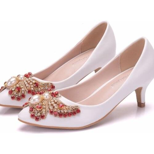 2019 Fashion Women Pumps Shoes Dress pu Rhinestone Butterfly-knot Pointed Toe Thin Heels 5CM High Heels Womens Wedding Shoes