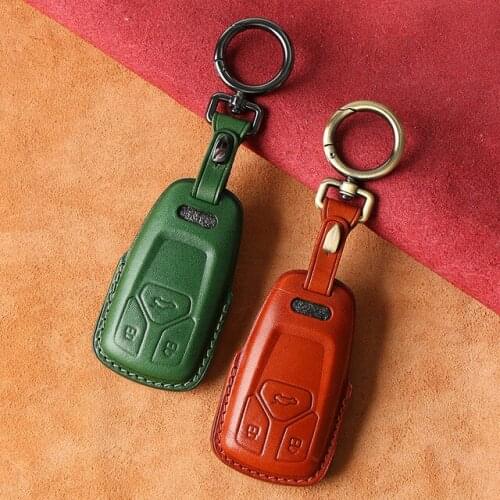 Car Genuine Leather Key Case For Audi New Q7 Q5 TT A4 A5 B9 A7 TDI Quattro TTS Sline Smart Key Cover Holder Chain Accessories