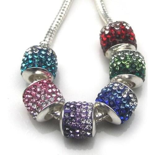 Free Shipping 50PCS 12mm Crystal Rhinestone Silver Plated Core Big Hole Metal Loose Beads fit European Bracelet Charm DIY