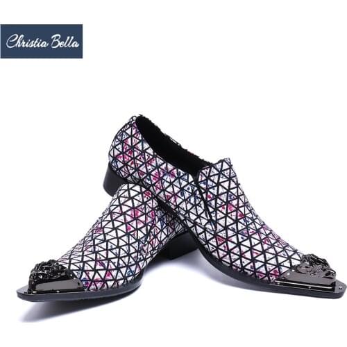 Christia Bella Man Business Fashion Slip on Shoes Real Leather Man Large Size Shoes Pointed Toe Geometric Pattern Italian Shoes