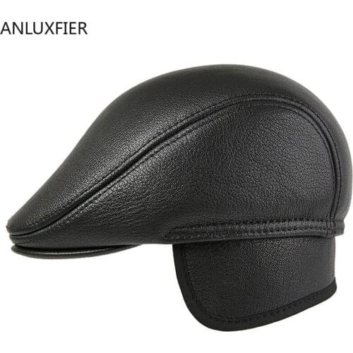 H7591 Genuine Leather Beret Hat Men Middle-aged Goatskin Berets Cap Fall Winter Forward Caps Ear Protective Warm Casual Hats