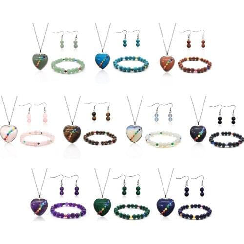 Trendy Chakra Heart Stone Pendant Necklace Bracelet Earrings Jewelry Set Natural Stone For Women/Men Daily or Party Gift