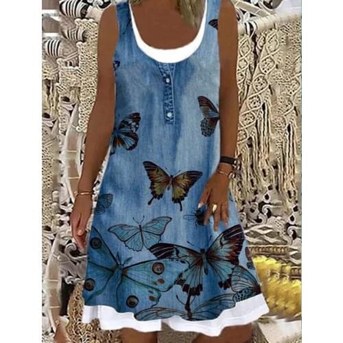 Summer Women Butterfly Print Dress Casual Fake Two Piece Tank Dresses 3XL 4XL Plus Size Boho Printing Sundress For Women 2021
