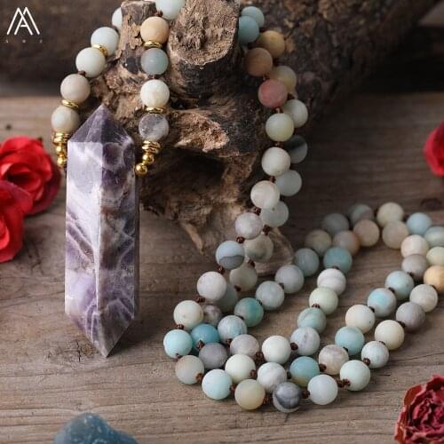 Natural Dream Amethysts Quartz Point Pendant 8mm Frosted Matted Amazon Stone Beads Knot Handmade Necklace For Women Men Jewelry