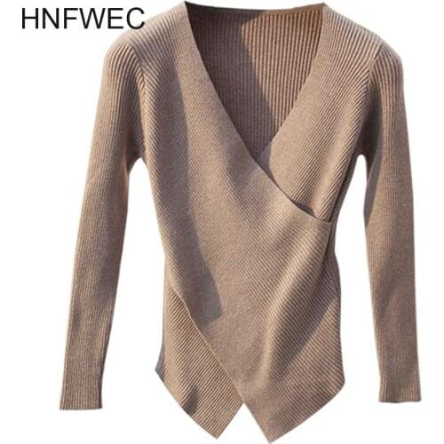2020 Autumn slim asymmetric top sexy V-neck split knitwear pullover base shirt long sleeve thin tight sweater K539