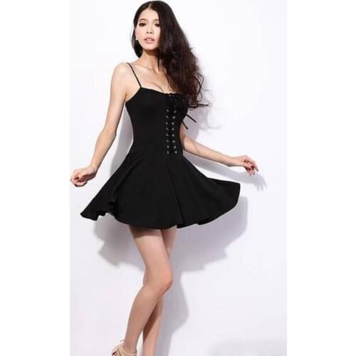 Lovebox Female Black Flexible Crepe Fabric Slim Halter Front Lacing Detailed Flared Mini Dress