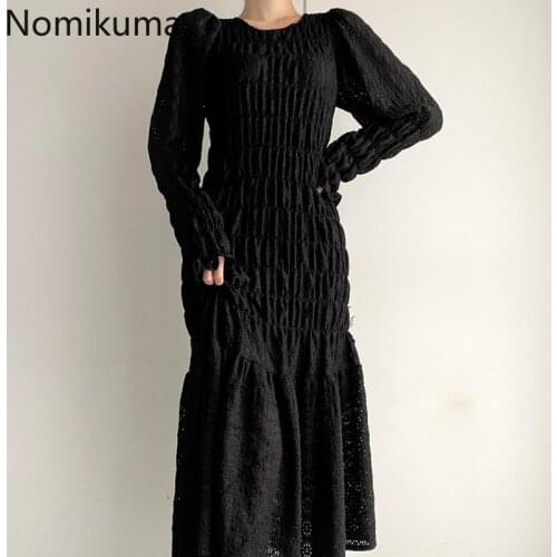 Nomikuma Korean Chic Slim Fit Dress Women O Neck Long Sleeve Stretch Waist Hollow Out Vintage Dresses Female Vestidos Mujer