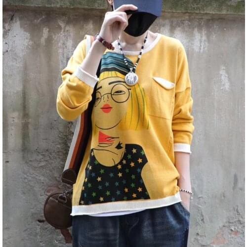 Literay Casual Character Girl Prinitng Yellow Pullovers Streetwear Loose Full Sleeve Autumn Thin Sweater Retro Pocket Knitwear