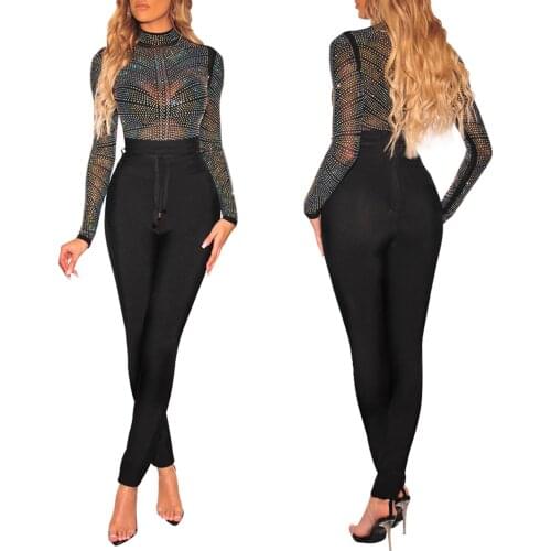 Perspective diamond setting fun womens sexy on e-piece long sleeved tights with Rhinestone decoration, high waist clothing