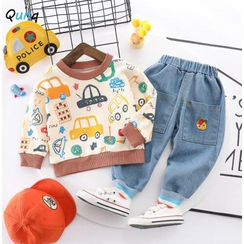Qunq 1 2 3 Year Kids Spring Fall Clothing Set Cartoon Car Sweatshirt Pant Two Piece Boys Suits Baby Toddler Girls Costume