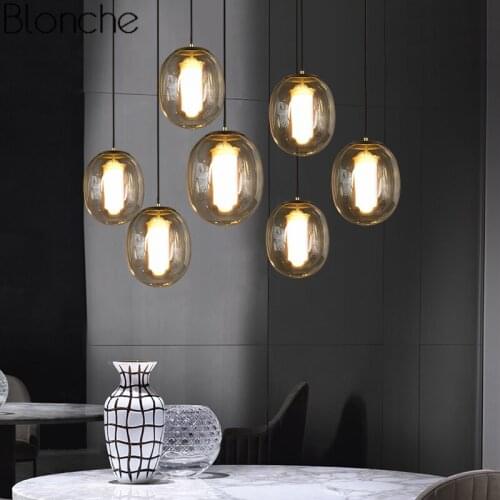 Nordic Glass Pendant Lights Led Hanging Lamp Smoky/Amber Fixtures for Living Room Kitchen Home Suspension Luminaire Decoration