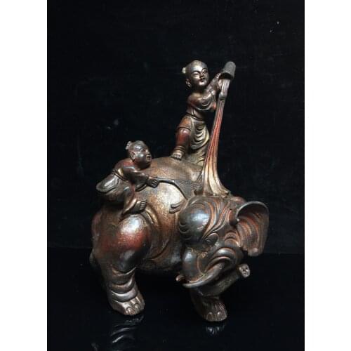 9" Tibet Buddhism Old Bronze Cinnabar Lacquer Boy riding an elephant Implication Good luck Town House Ward off evil spirits
