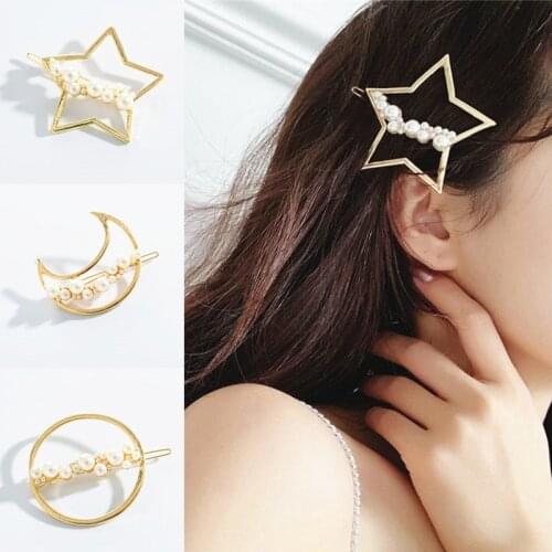 Woman Elegant Pearl Hair Clip Barrette Korean Star Hairpin Headdress Hair Accessories Girls Hair Clip Moon Circle Hairgrip Gifts