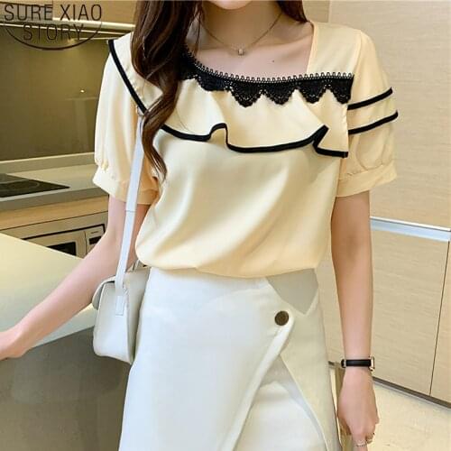 New Sweet Ruffled Blouse Women Chiffon Shirt 2021 Summer White Short Sleeve Fashion Puff Sleeve Lace Skew Collar Clothes 15056