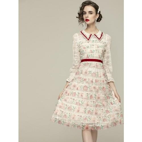 2021 New Fashion Designer Spring Party Dresses Robe Women Long Sleeve Elegant Floral Print Mesh Knee-Length Dress