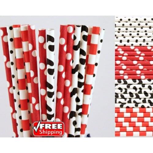 200pcs Mixed 4 Designs Red and Black Themed Paper Straws-Sailor Stripe,Dot,Cow Print Farm Birthday Party Straws-Kids Cute Bulk