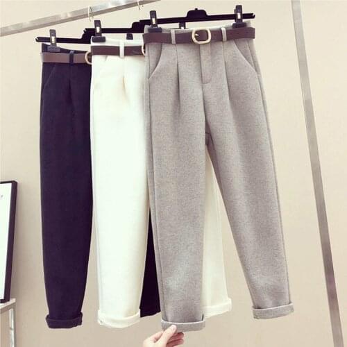 Spring Autumn New Pocket Casual Wool Pants Female High Waist Harem Pants Blue Trousters