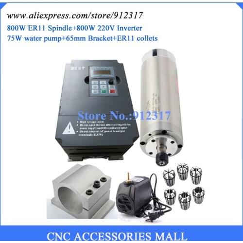 CNC woodworking Spindle Motor Water Cooling 220V 0.8KW ER11 & VFD/ Inverter & 65mm spindle clamp bracket & 75w water pump