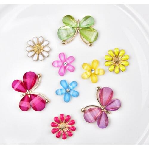 50Pcs Alloy Accessories Enamel Resin Rhinestone Camellia Flat Back Cute Daisies Flower Butterfly Diy Clothing Handmade Jewelry