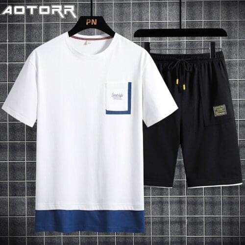 Summer 2021 New Mens Cotton Short Sleeved T-shirt Casual Set Fashion Patchwork Short Sleeved Shorts Sets Men Trend Streetwear