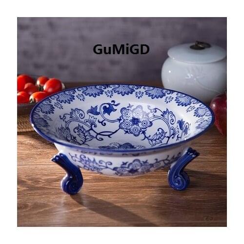 Guci Blue and white porcelainthree foot fruit trayfruit bowl Jingdezhen hand painted ceramic home decoration products, ceramic d