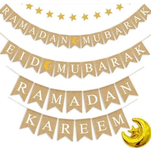 Eid Mubarak Banner 2021 Muslims Ramadan Mubarak Decorations Linen Hanging Flag with Ropes Islam Home Decors Party Supplies