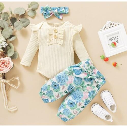 3pcs Fall Winter Newborn Baby Girl Pitted Clothes Lounge Set Long Sleeve Top Floral Pants Headband 6 12 18 Month Children Bow